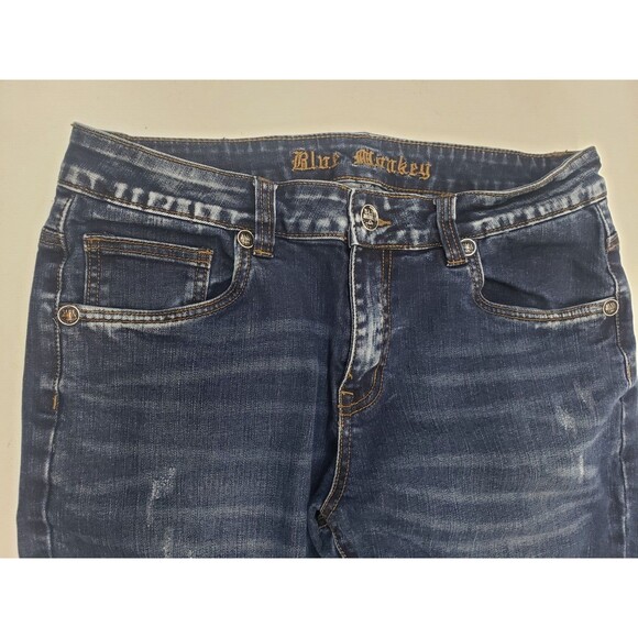 Blue Monkey Jeans Mens Size 34 x 32 Distressed Exc. Used Cond Dark Wash Whiskers - Picture 8 of 10